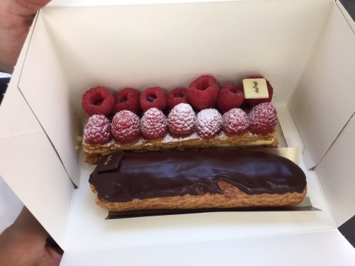 Raspberry Millefeuil with Yuzu cream filling. This is how Millefeuil should be. And a chocolate eclair. 