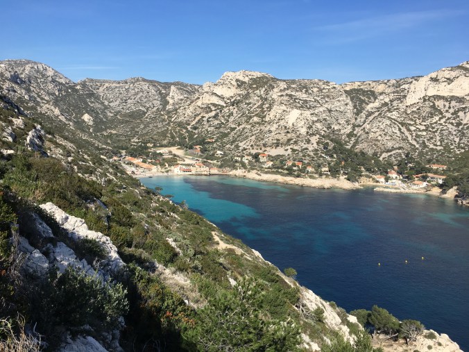 View of the small beach and village in Calanque Sormiou