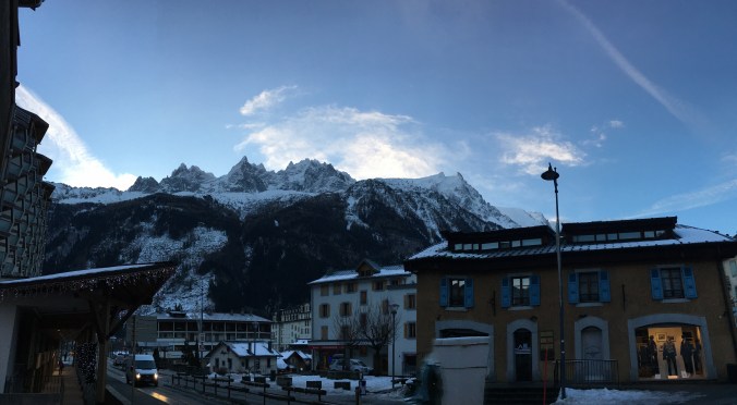 View of Aiguille des Charmoz to Aiguille du Midi from the town